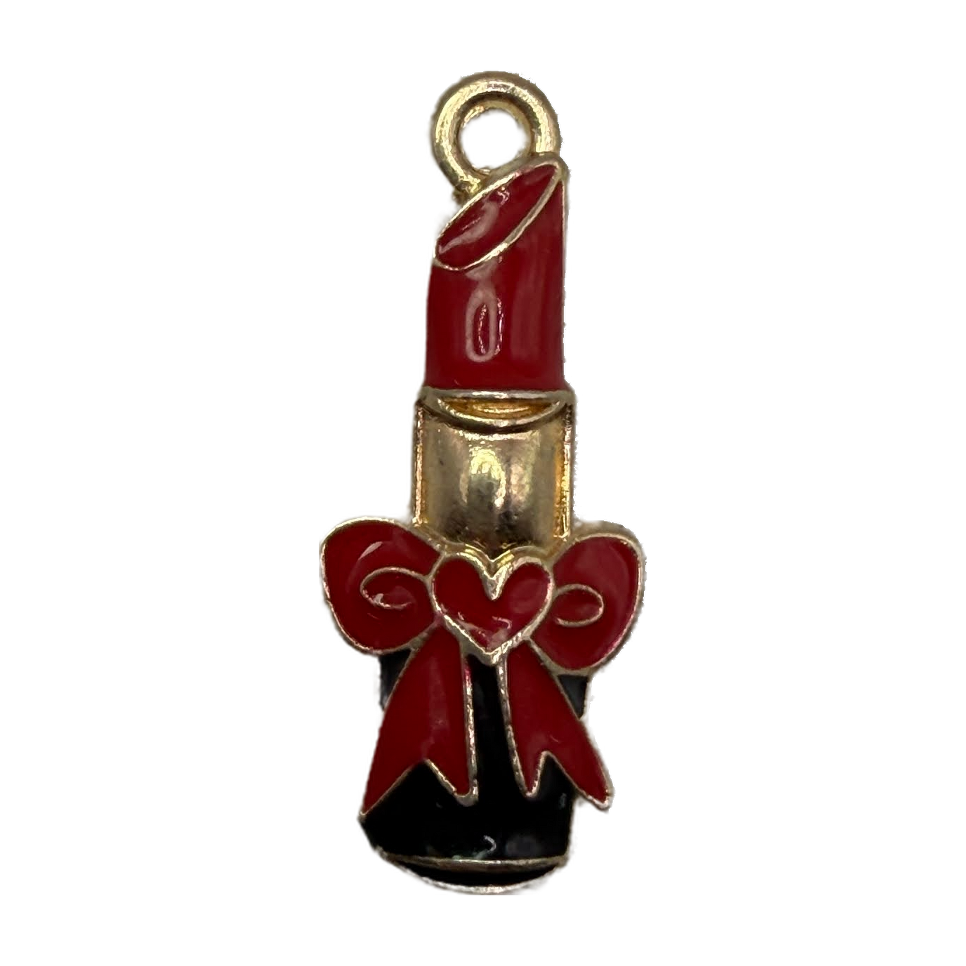 Glossy red enamel lipstick with red bow and gold outline, black base