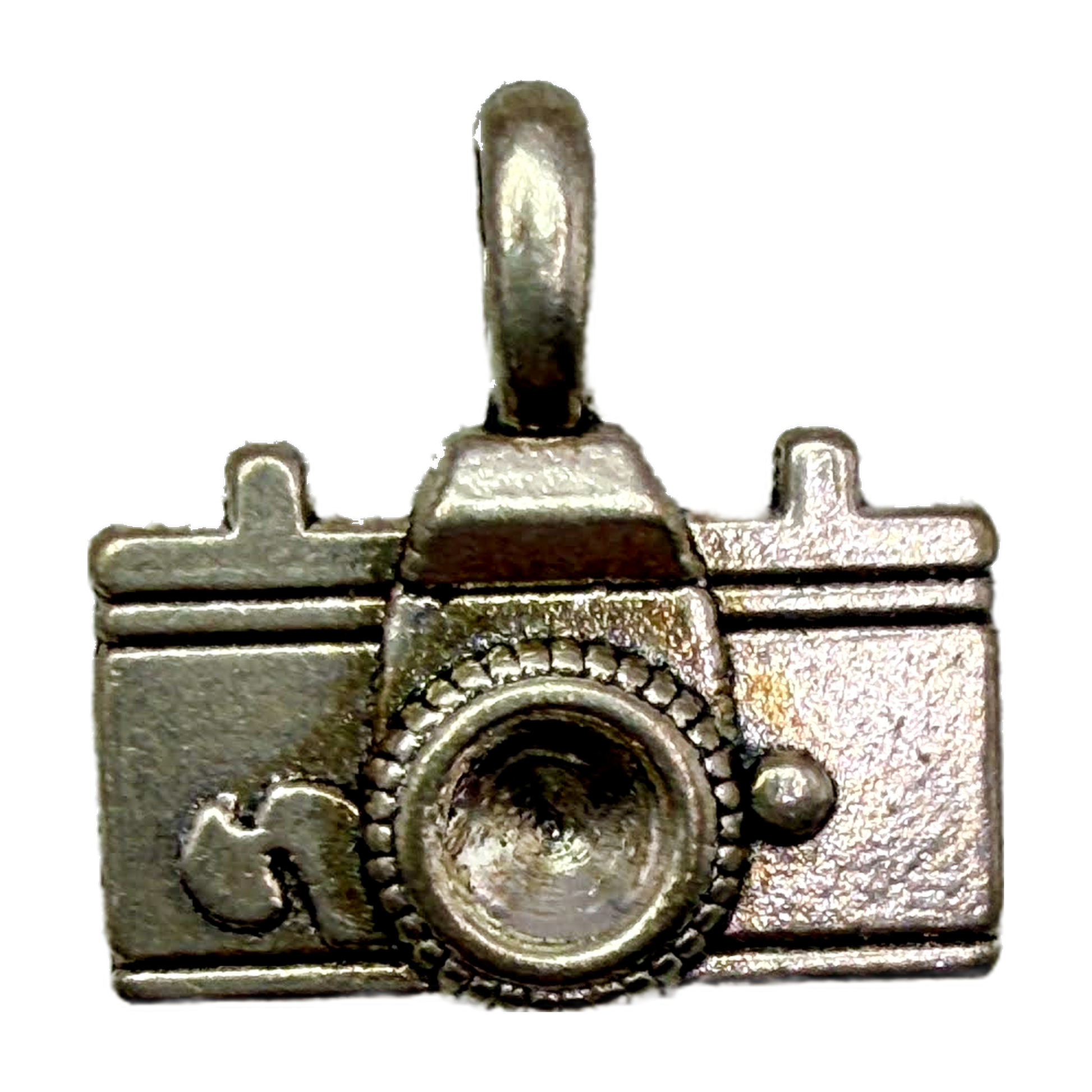 Antique silver camera charm with detailed lens and retro body