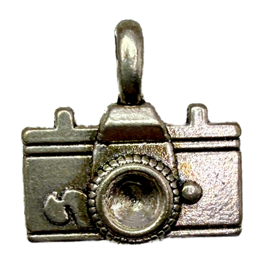Antique silver camera charm with detailed lens and retro body