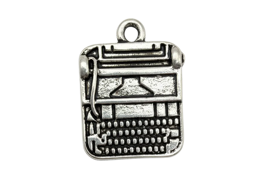 Antiqued silver typewriter charm with detailed keys and raised relief