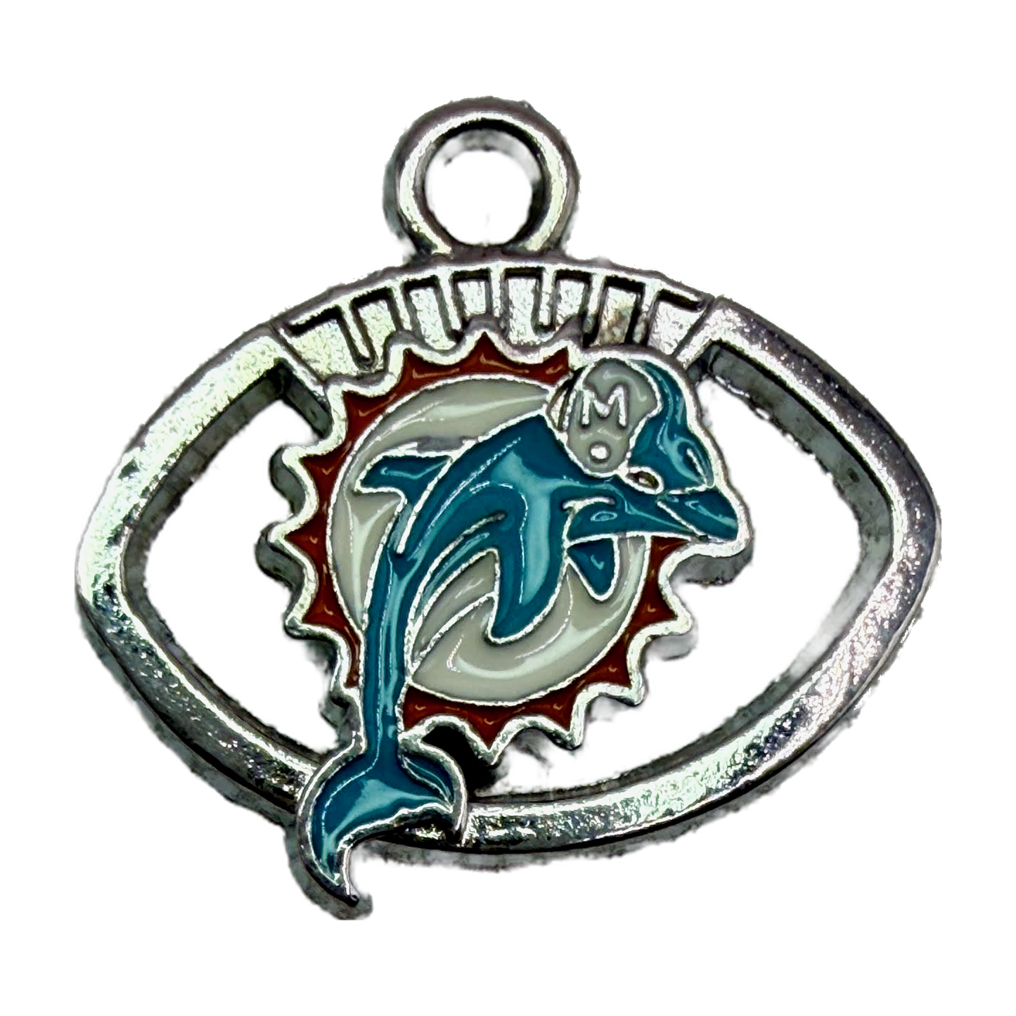 Silver football emblem with teal dolphin and white sunburst enamel accents