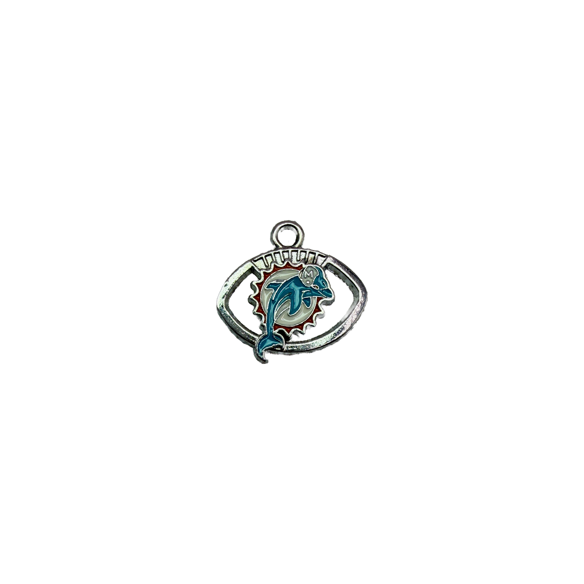 Silver football emblem with teal dolphin and sunburst enamel