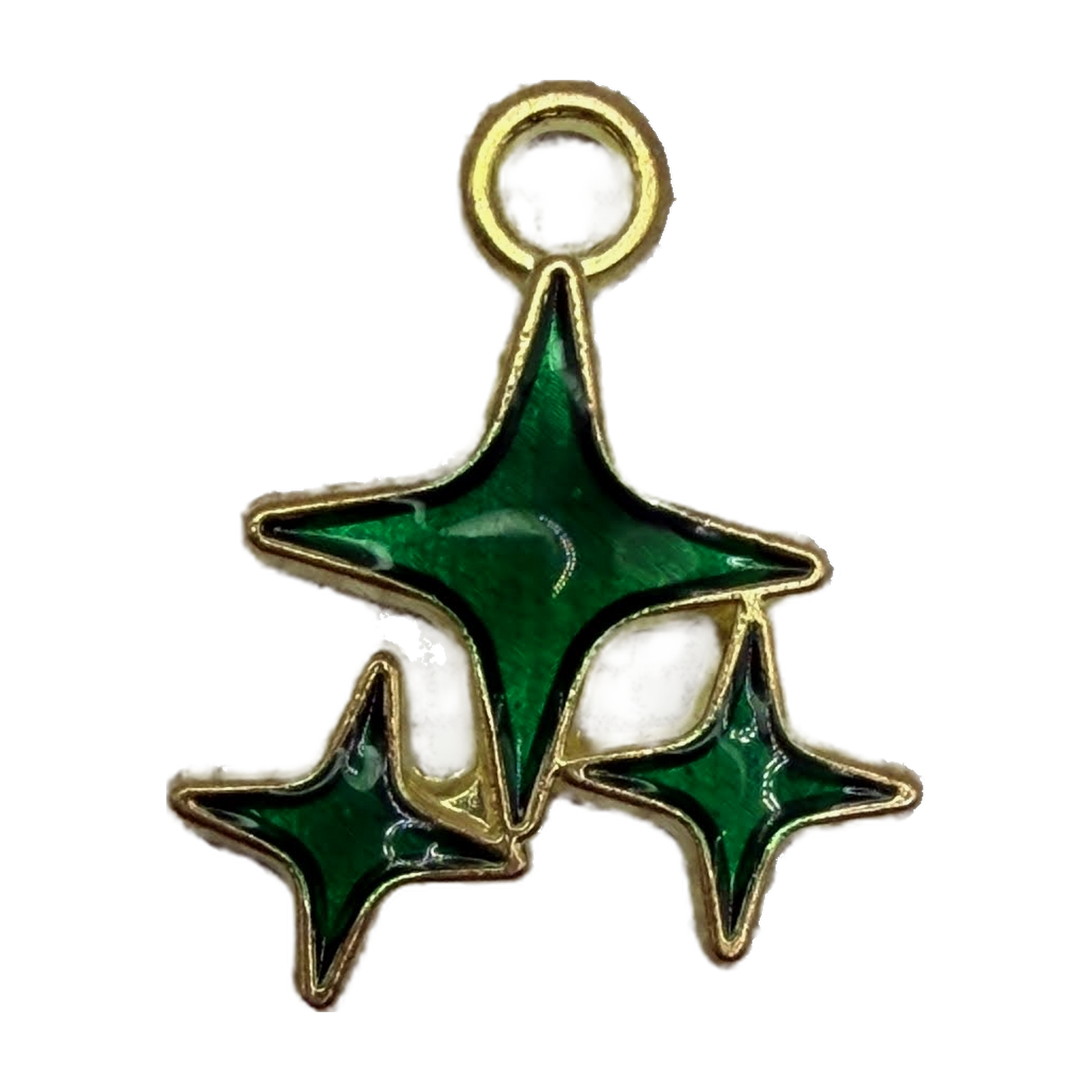 Gold-framed trio of glossy emerald green enamel stars
