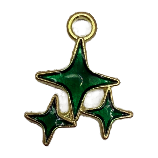 Gold-framed trio of glossy emerald green enamel stars
