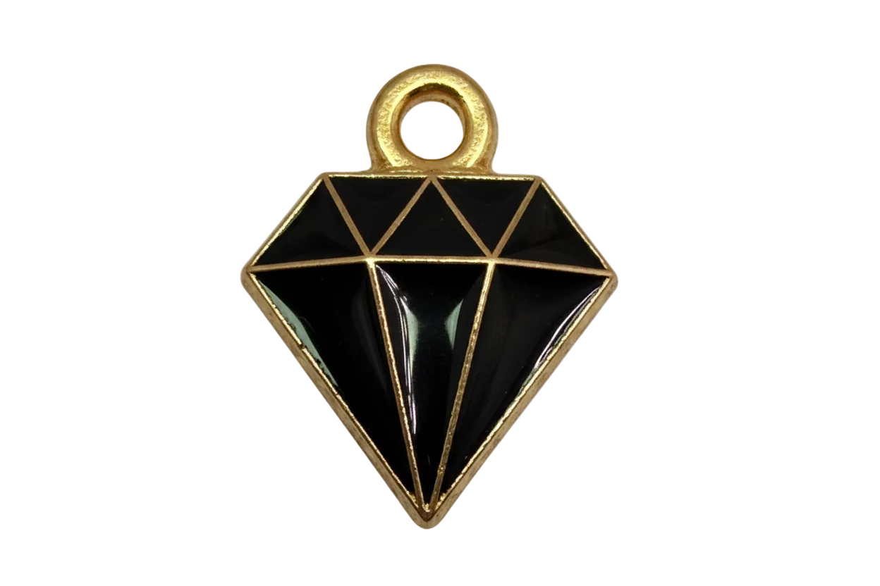 Glossy black geometric diamond motif with gold outline