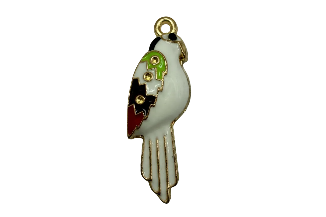 White enamel parrot with green, black, and red wing accents outlined in gold