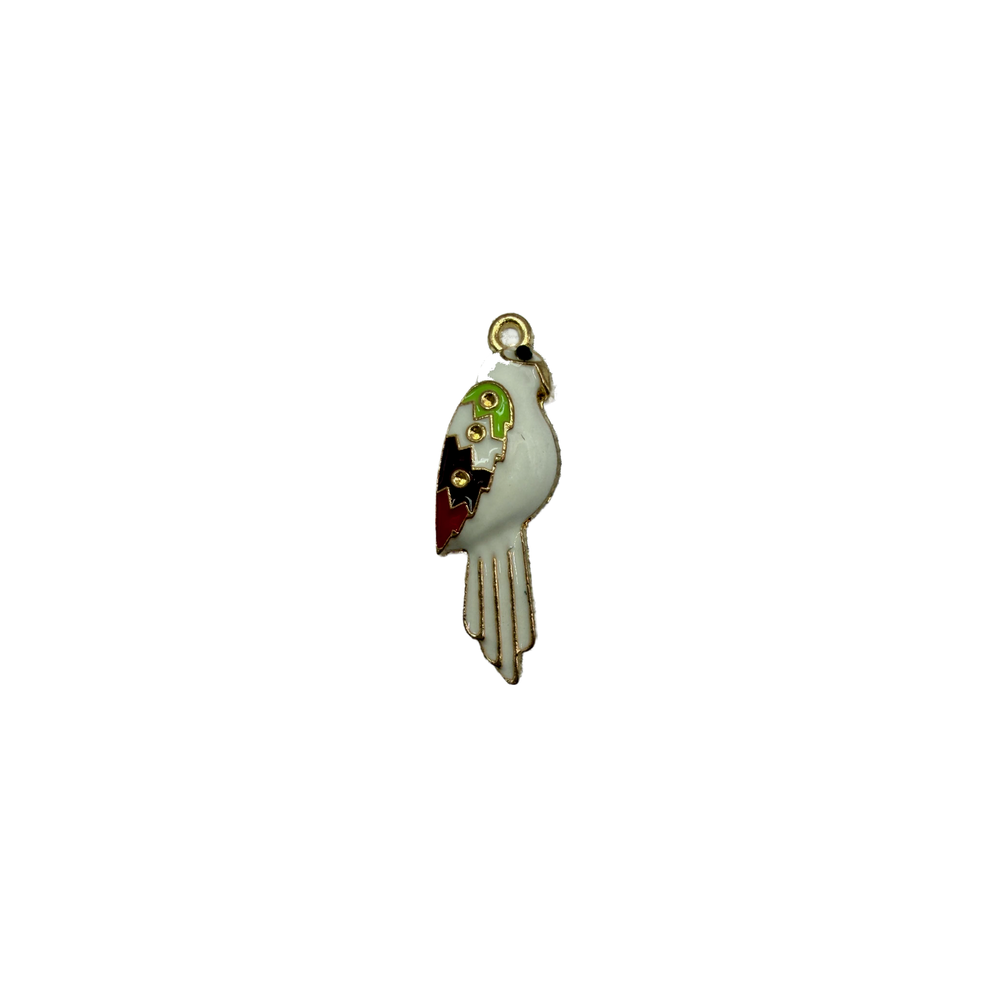 White enamel parrot with multicolor wing accents in gold outline