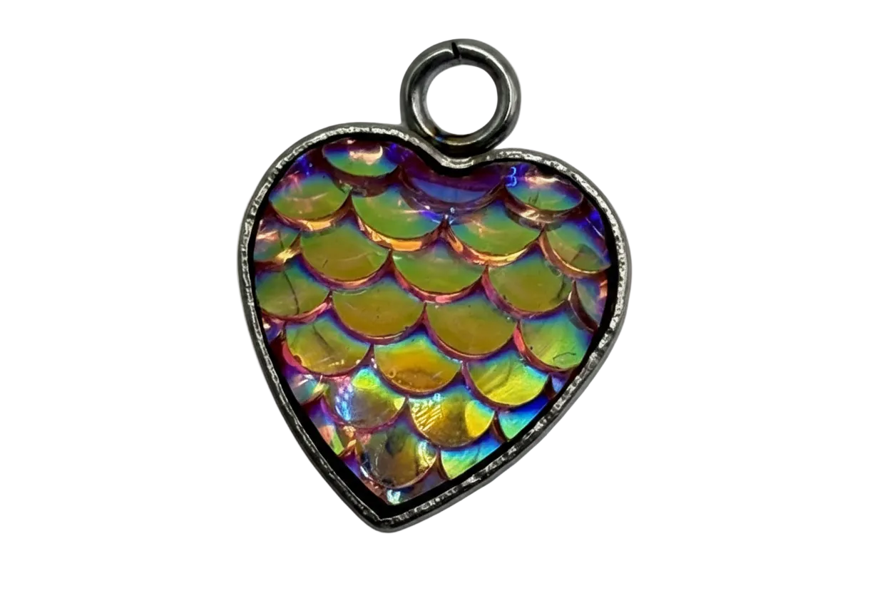 Iridescent rainbow mermaid-scale heart charm with silver frame