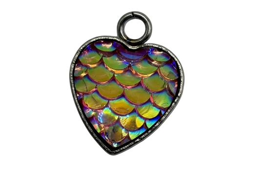 Iridescent rainbow mermaid-scale heart charm with silver frame