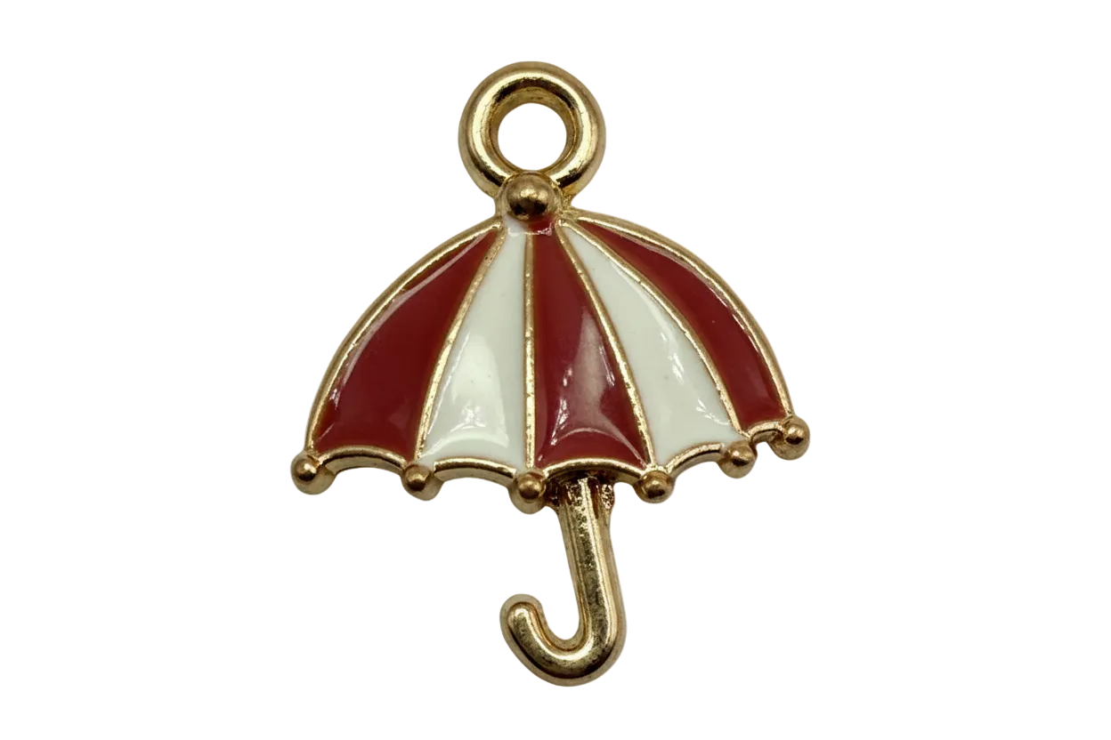 Gold umbrella charm with glossy red and white enamel panels