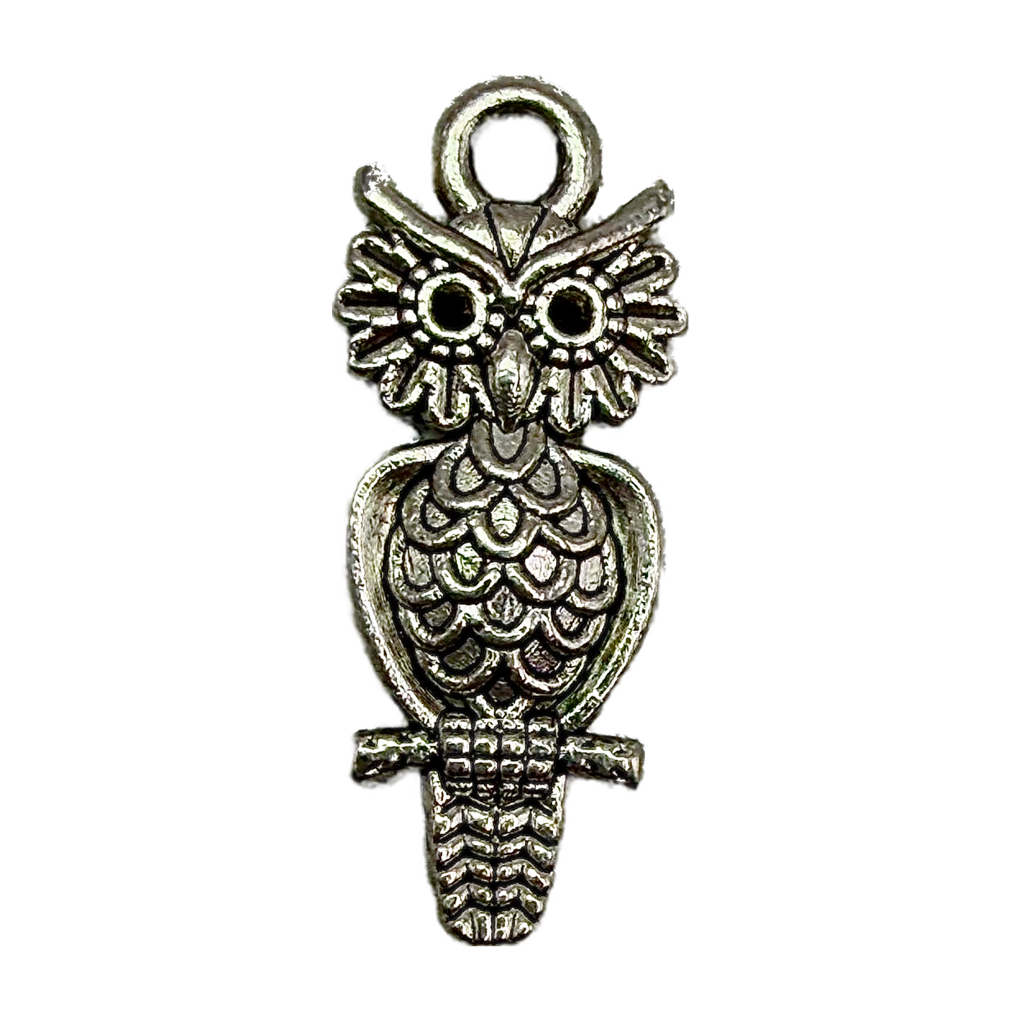 Antiqued silver owl pendant with engraved feather details and wide eyes on black background
