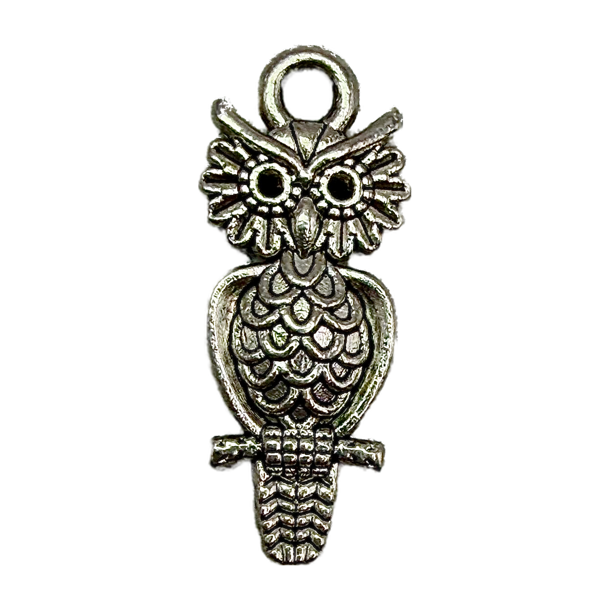 Antiqued silver owl pendant with engraved feather details and wide eyes on black background