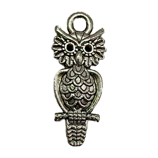 Antiqued silver owl pendant with engraved feather details and wide eyes on black background