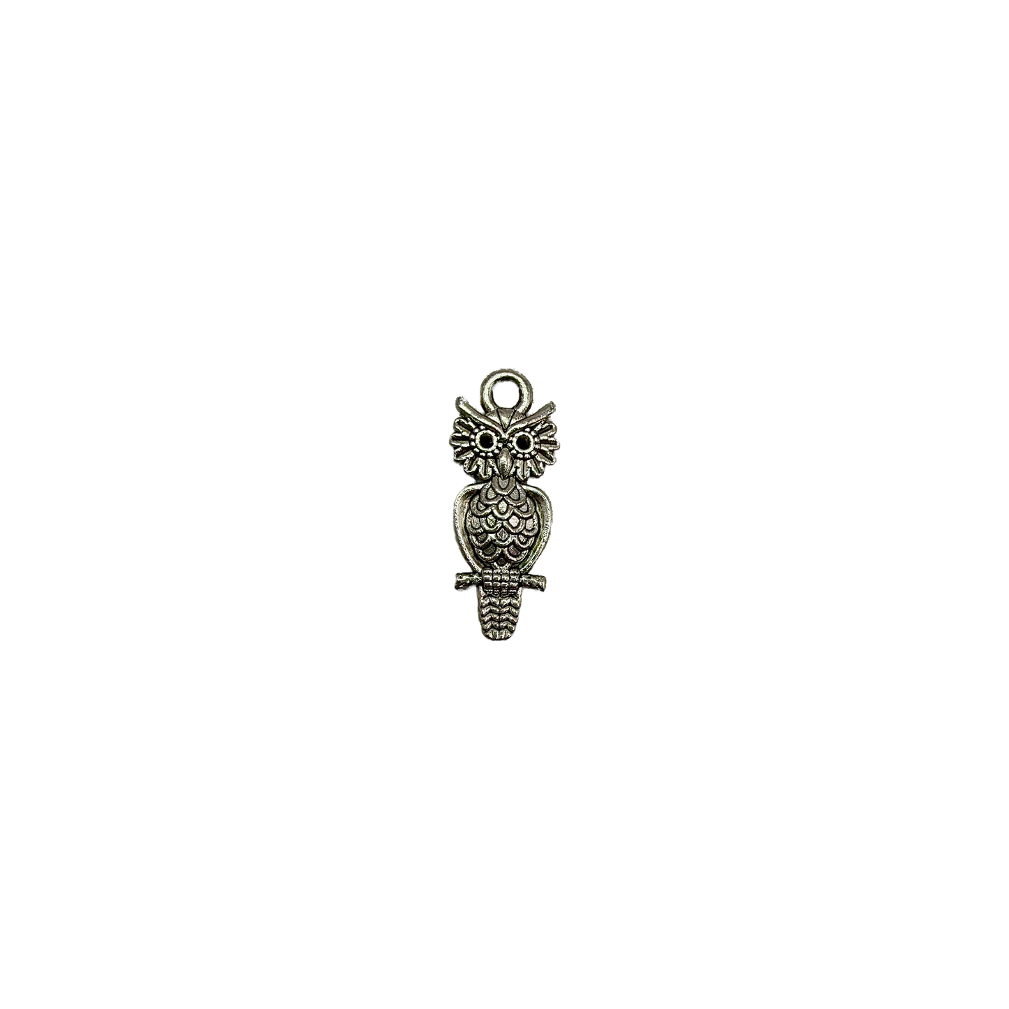 Antiqued silver owl pendant with engraved details