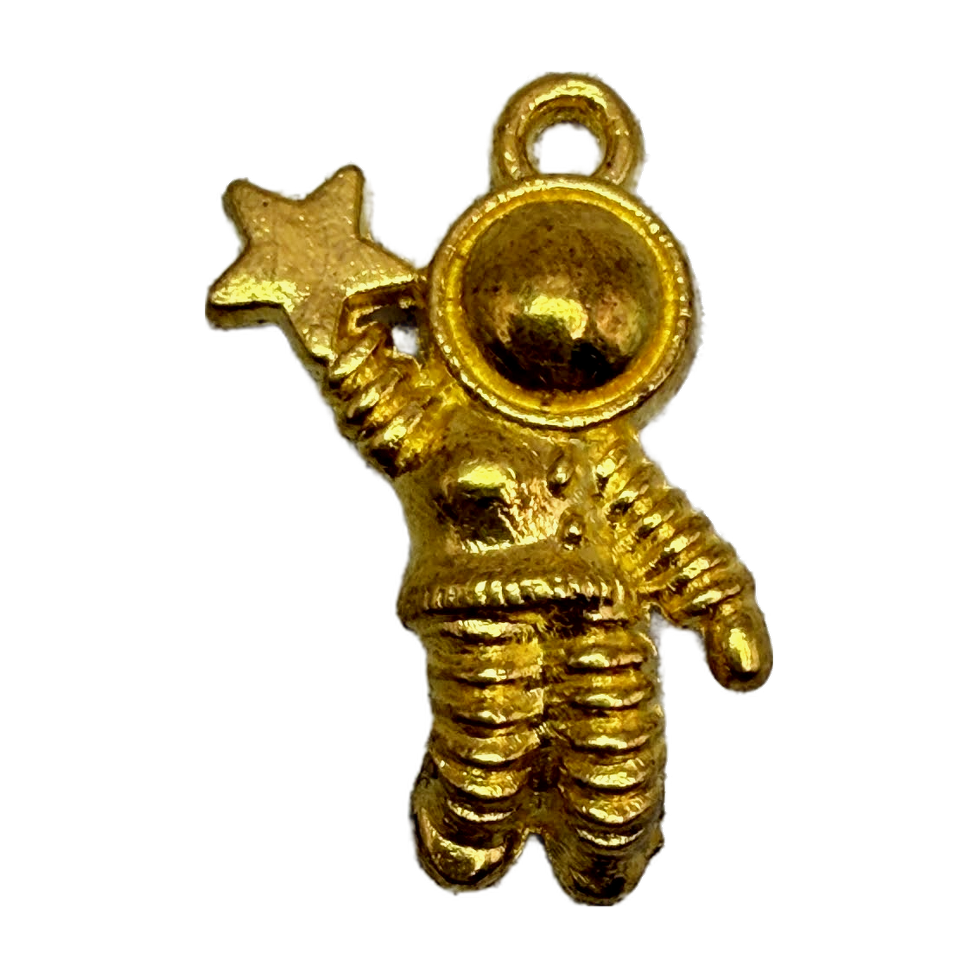 Gold astronaut figure holding a star with textured sculpted details