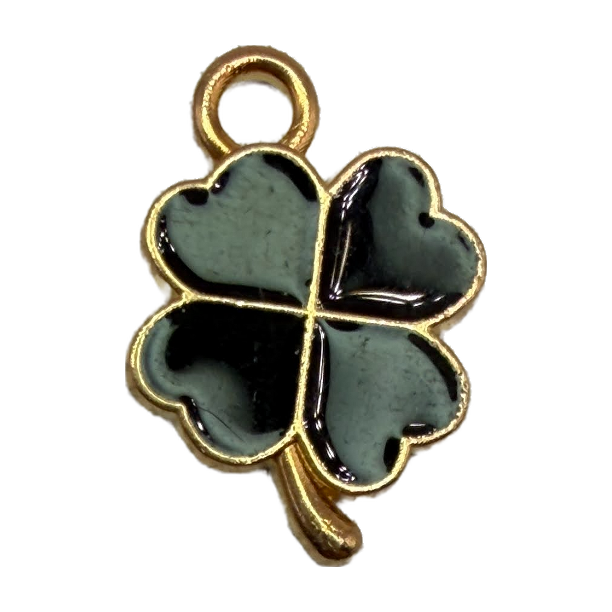 Deep green four-leaf clover charm with glossy enamel-style fill and gold outline