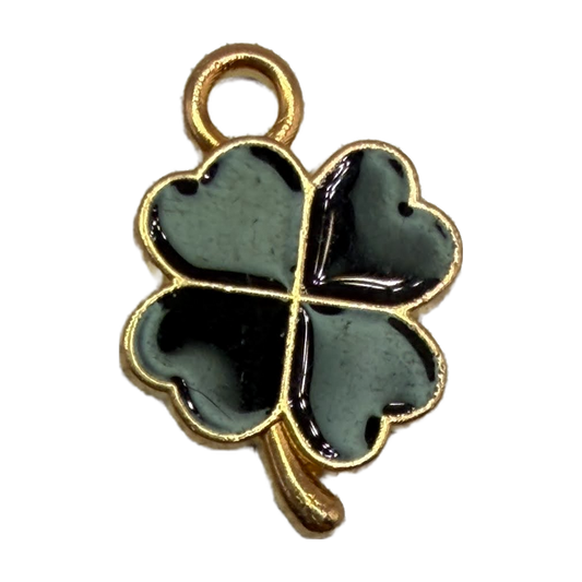 Deep green four-leaf clover charm with glossy enamel-style fill and gold outline
