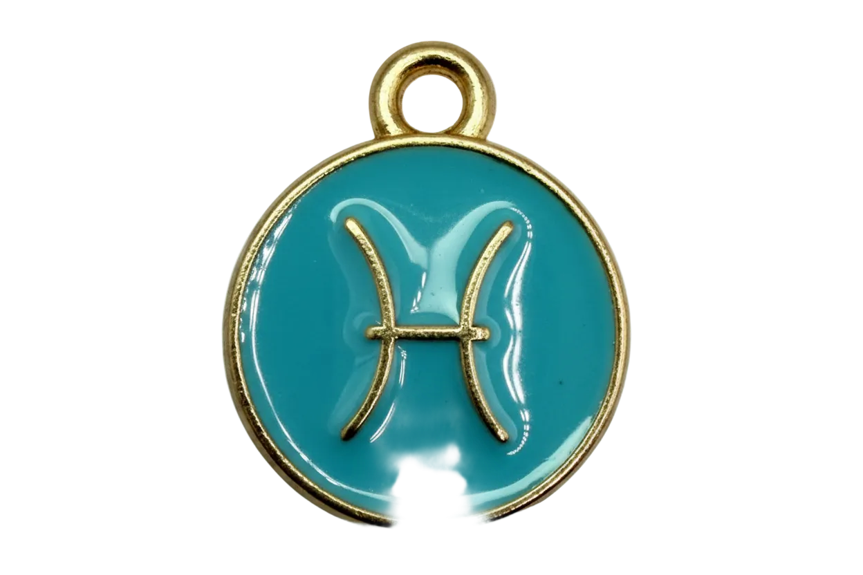 Round turquoise enamel disc with raised gold Pisces zodiac symbol and gold rim