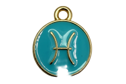 Round turquoise enamel disc with raised gold Pisces zodiac symbol and gold rim