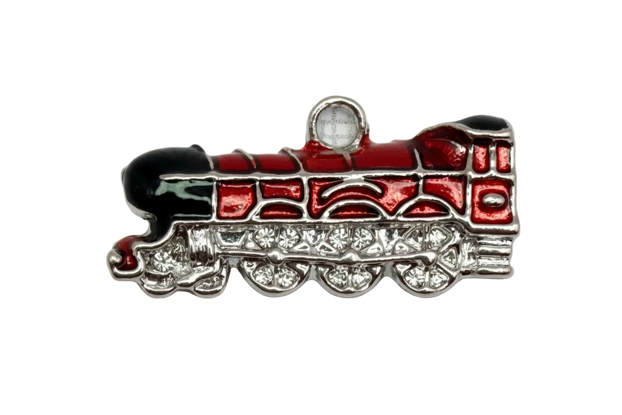 Red enamel locomotive train charm in silver-tone metal with clear crystal wheel accents