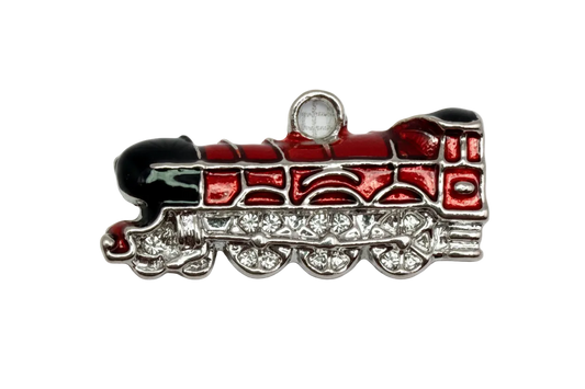 Red enamel locomotive train charm in silver-tone metal with clear crystal wheel accents