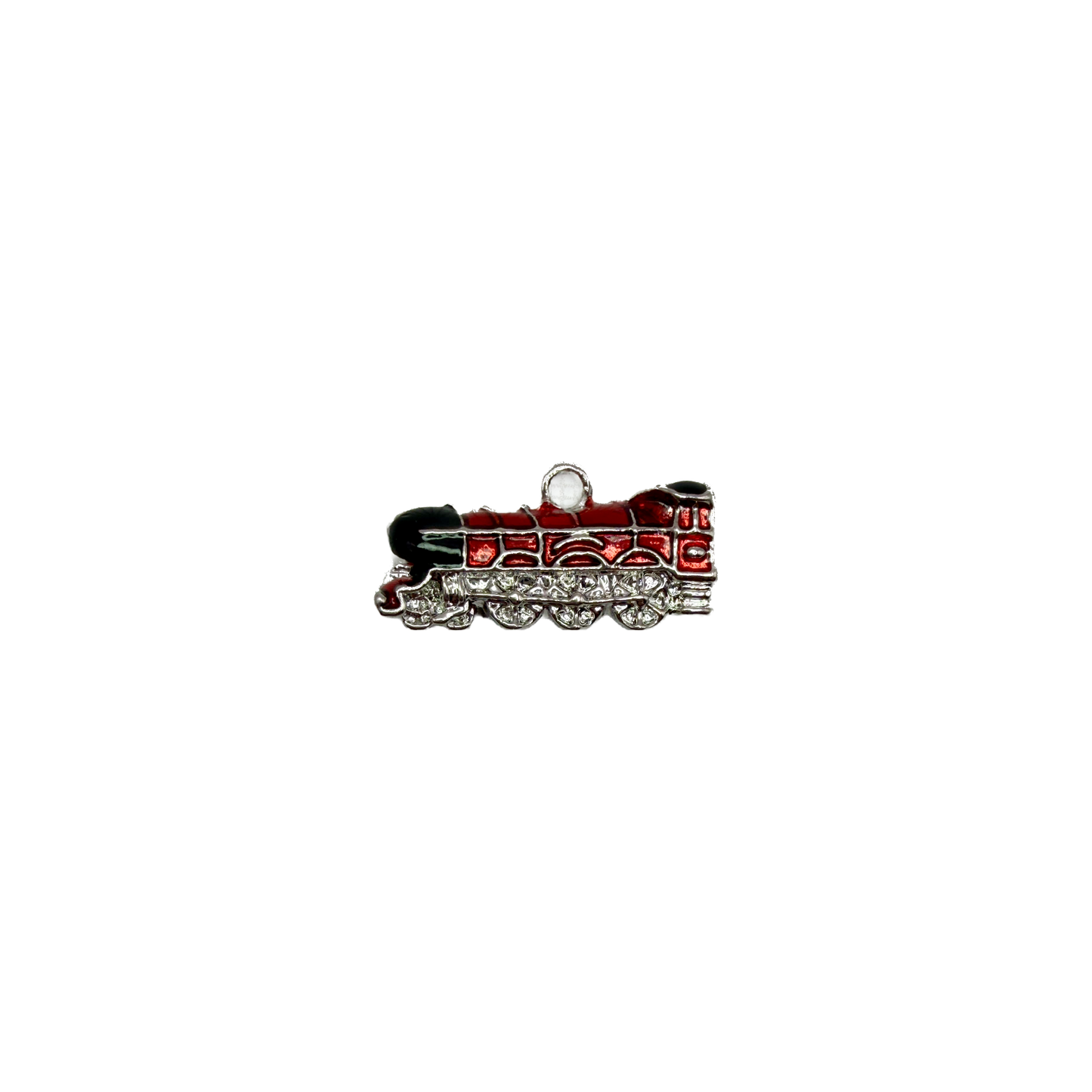 Red enamel locomotive in silver-tone metal with clear crystals
