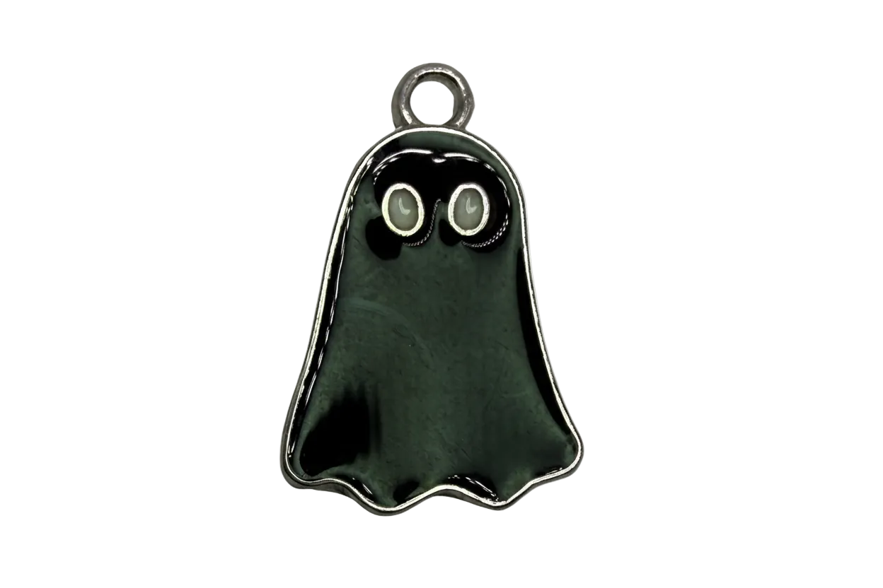 Glossy black ghost figure with silver outline and wide eyes