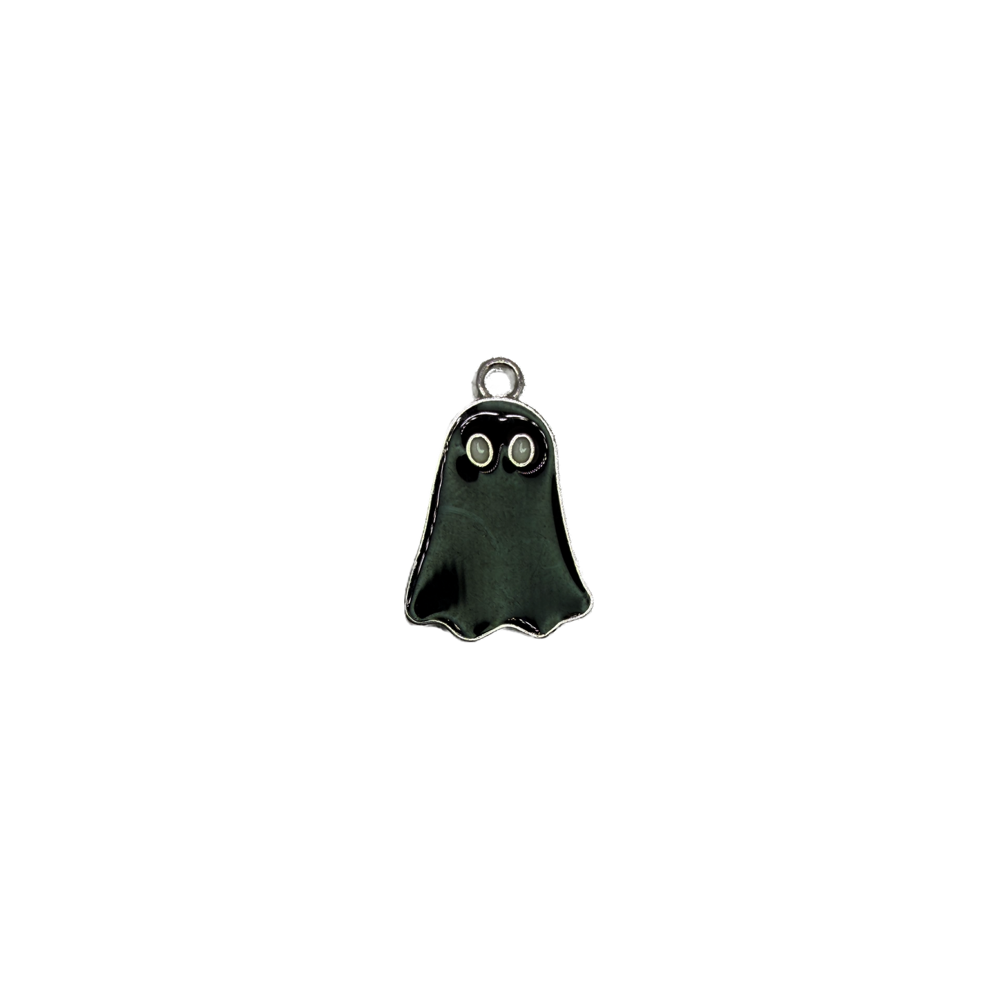Glossy black ghost with silver outline and wide eyes
