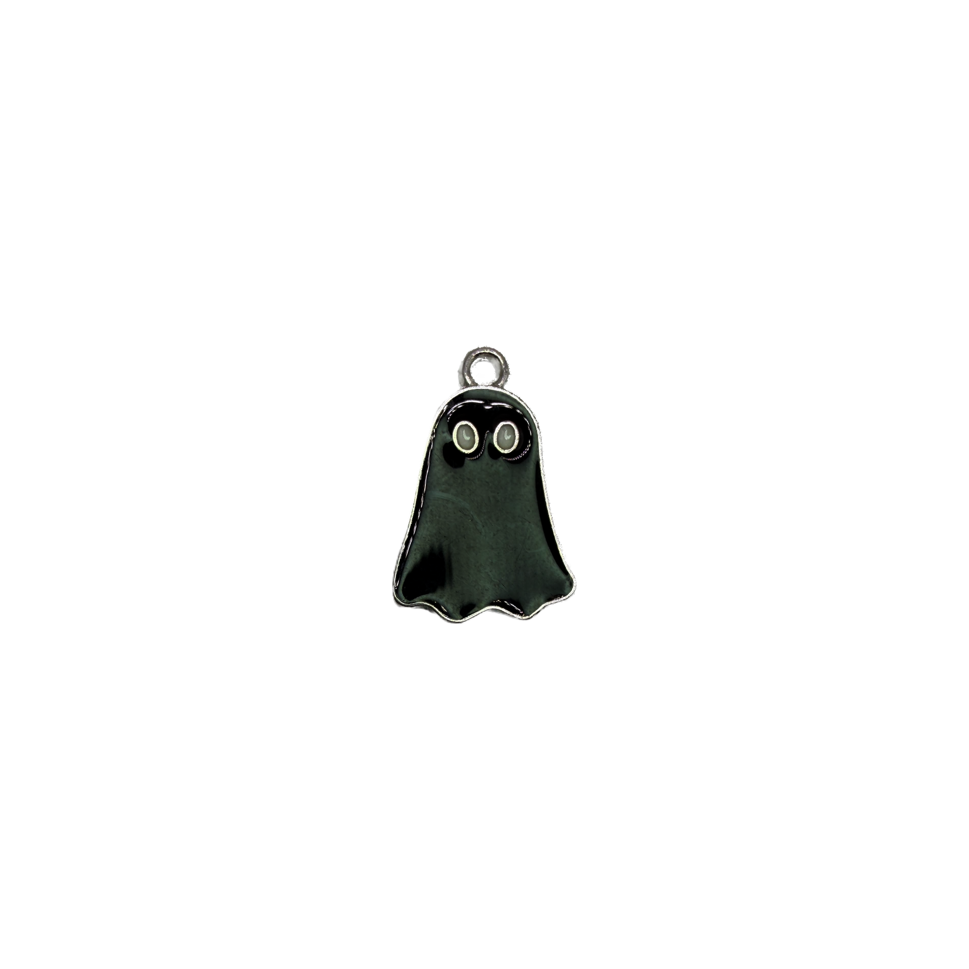 Glossy black ghost with silver outline and wide eyes