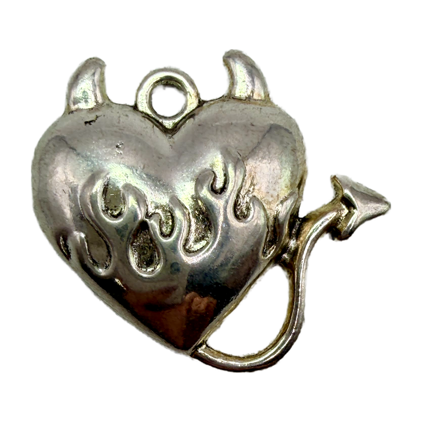 Silver devil heart charm with horns, flame details, and arrow-tipped tail