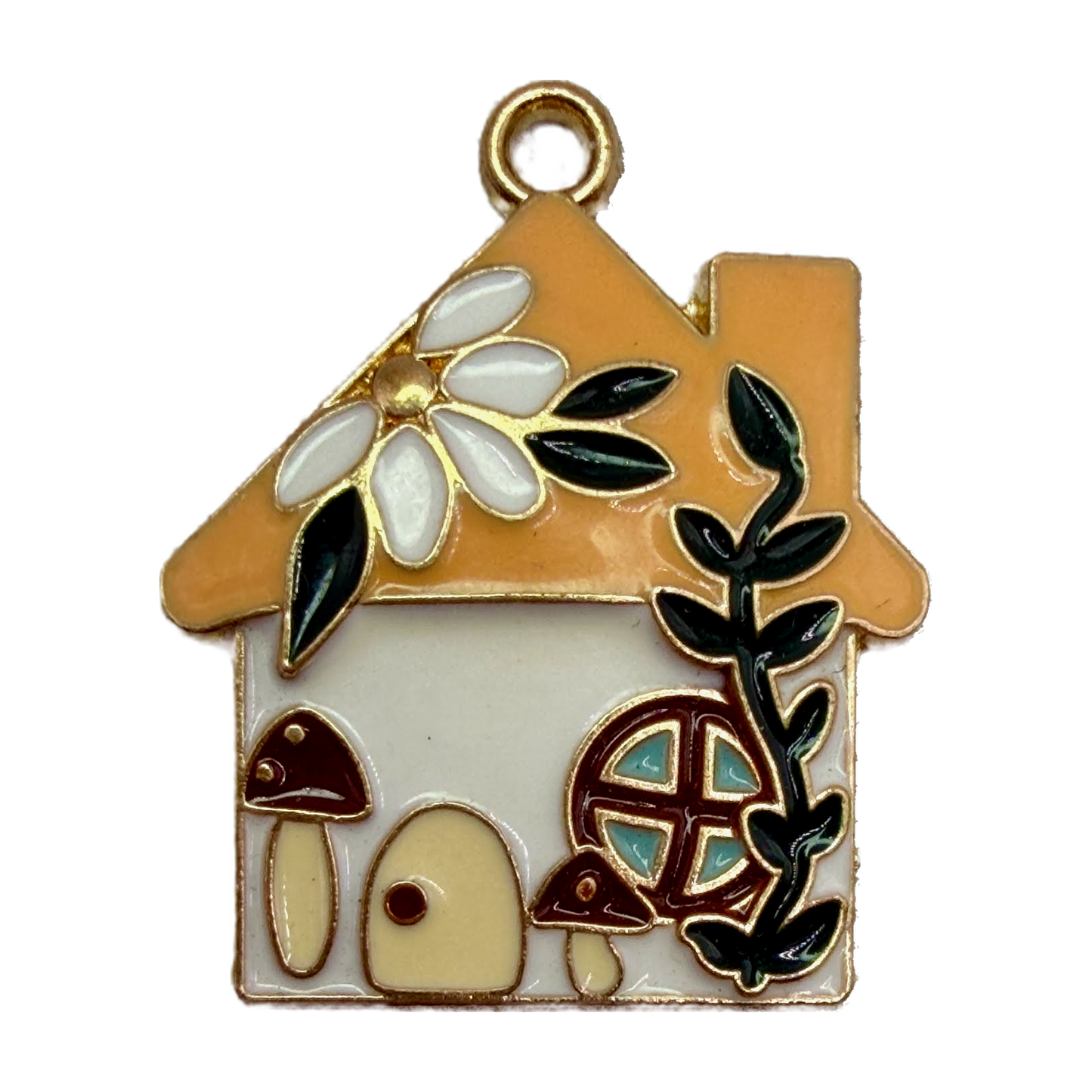 Gold-outlined enamel cottage house with tan roof, white flower, dark vine, mushrooms, and teal window