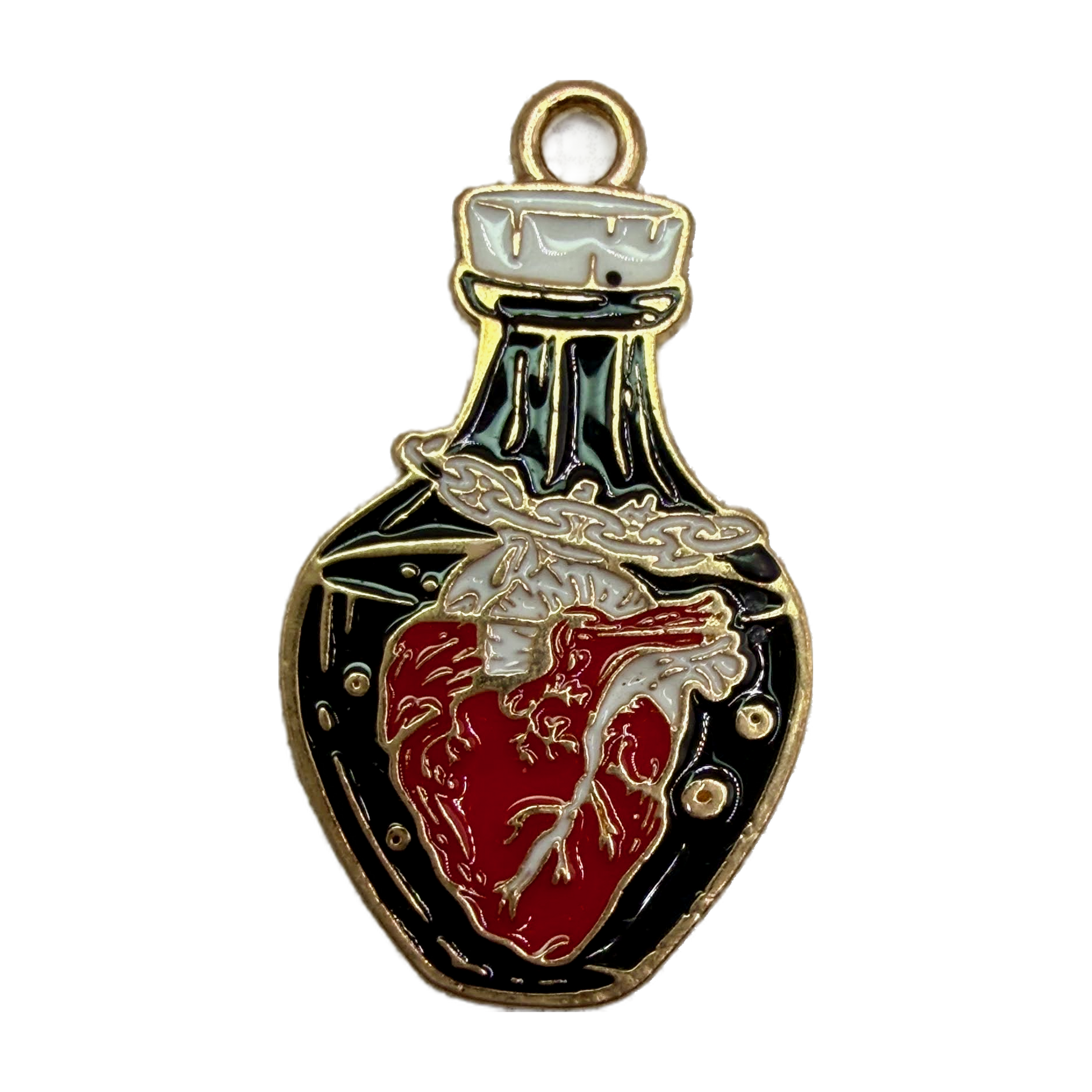 Gold-tone enamel potion bottle with black background and red anatomical heart motif