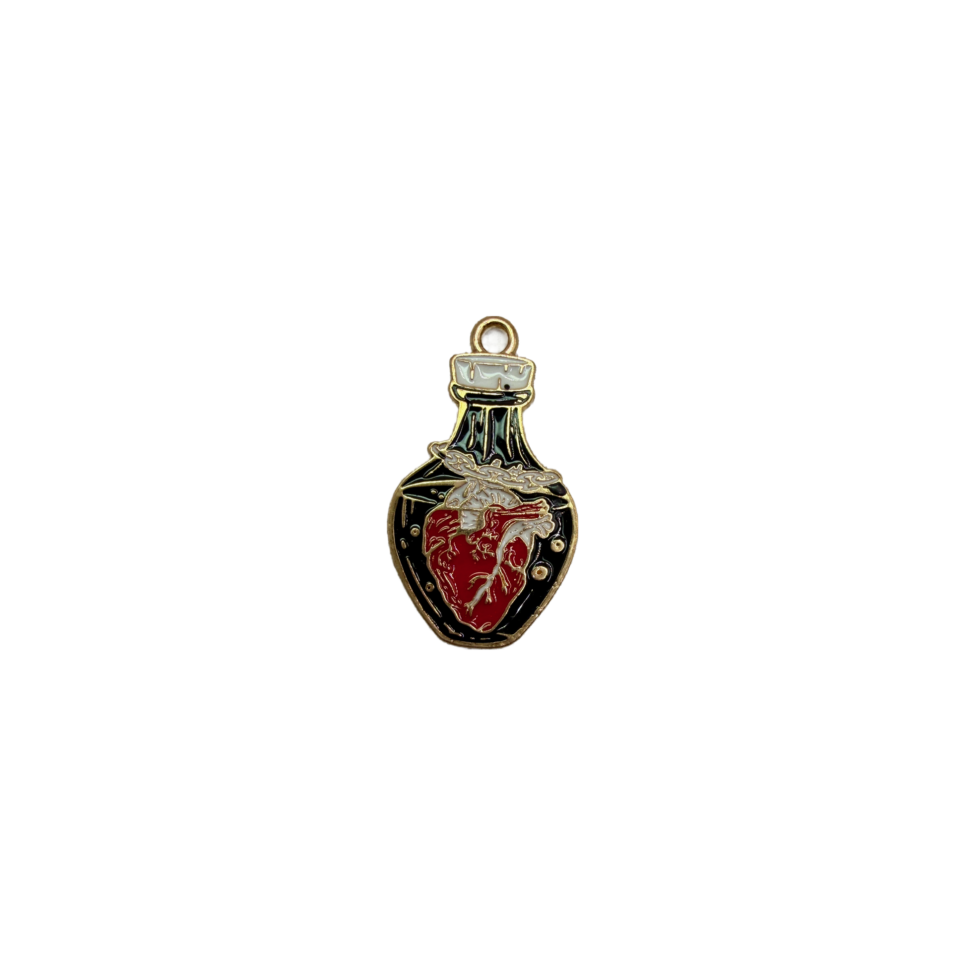 Enamel potion bottle with red anatomical heart, gold outline