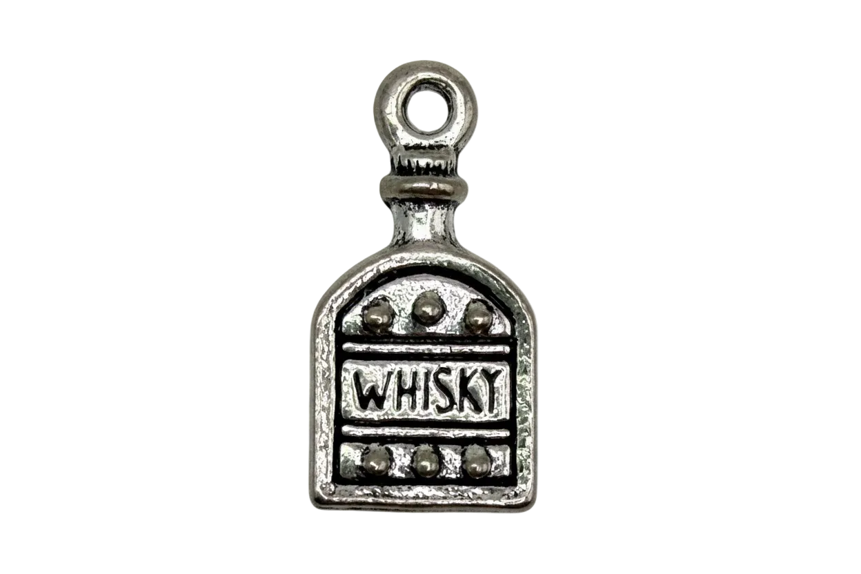 Antiqued silver-tone tag with raised WHISKY lettering and beaded border