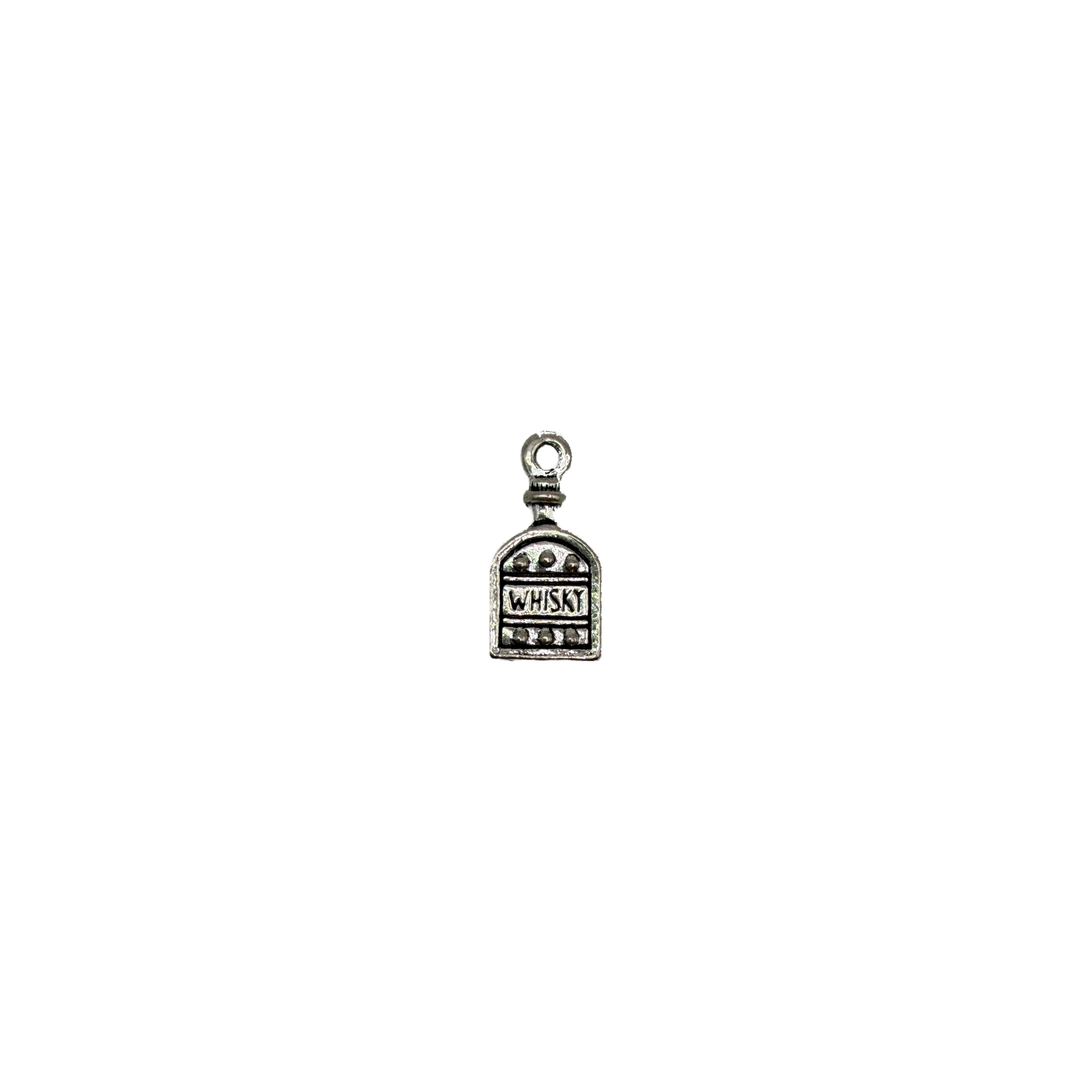 Silver-tone tag with raised WHISKY lettering