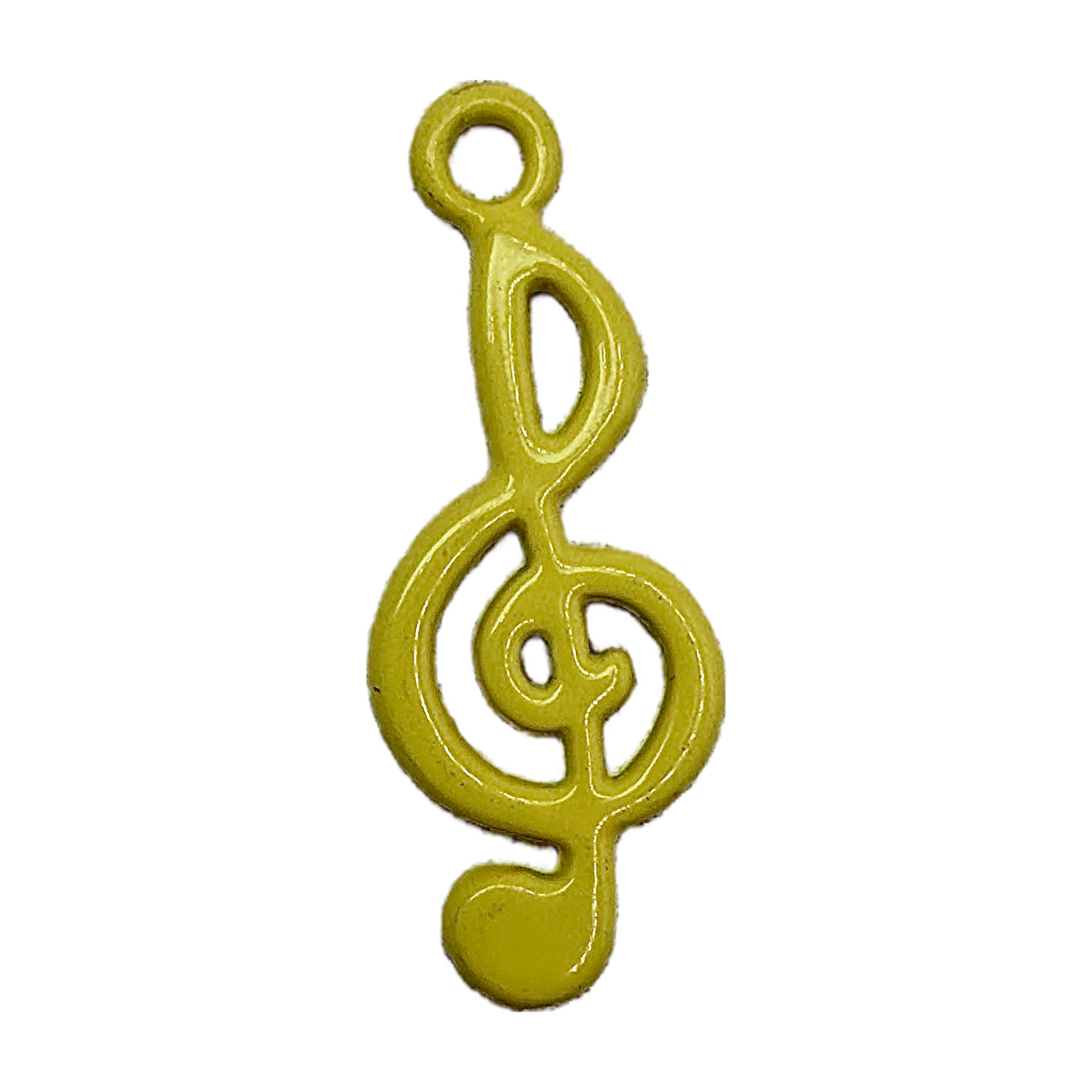 Glossy gold treble clef music note charm on black background