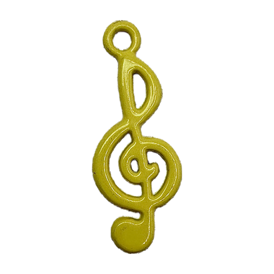 Glossy gold treble clef music note charm on black background