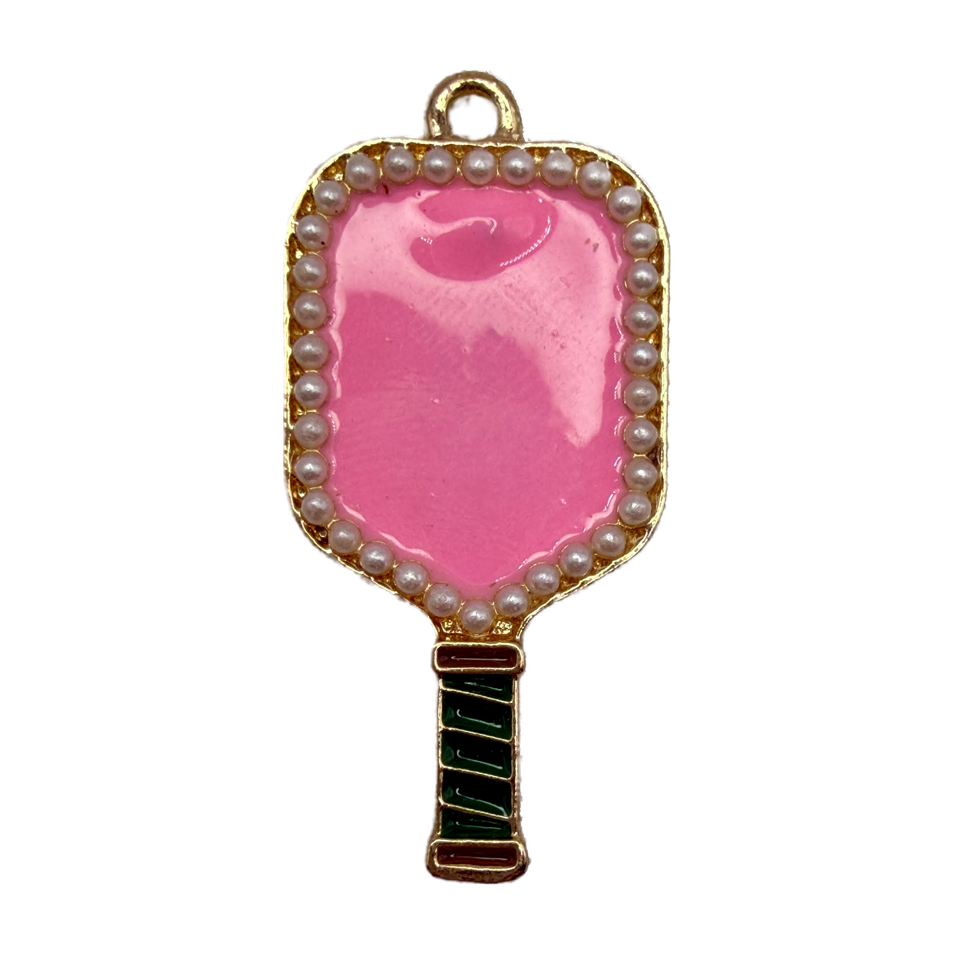 Gold hand mirror charm with glossy pink enamel center, pearl-style border, and green striped handle