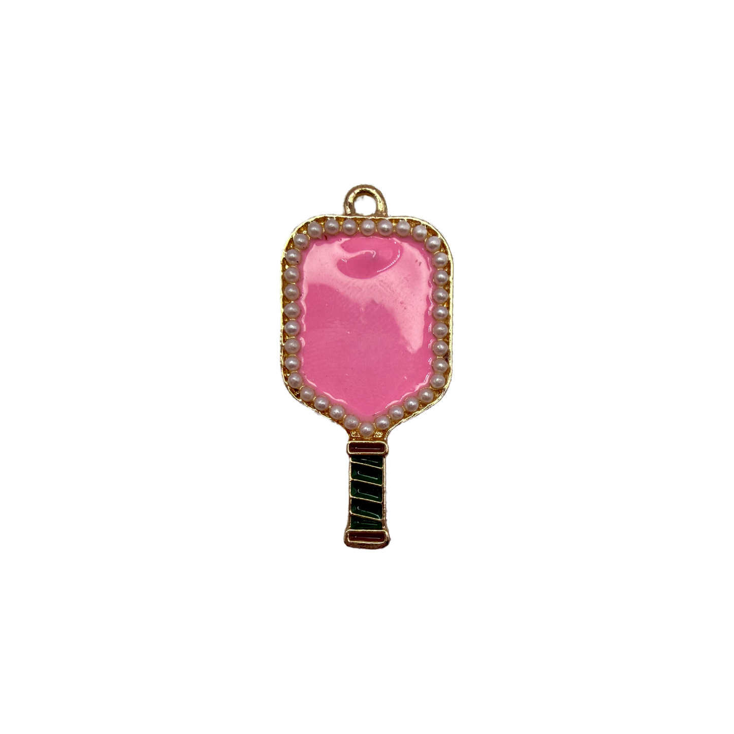 Pink enamel hand mirror with pearl border and green striped handle in gold