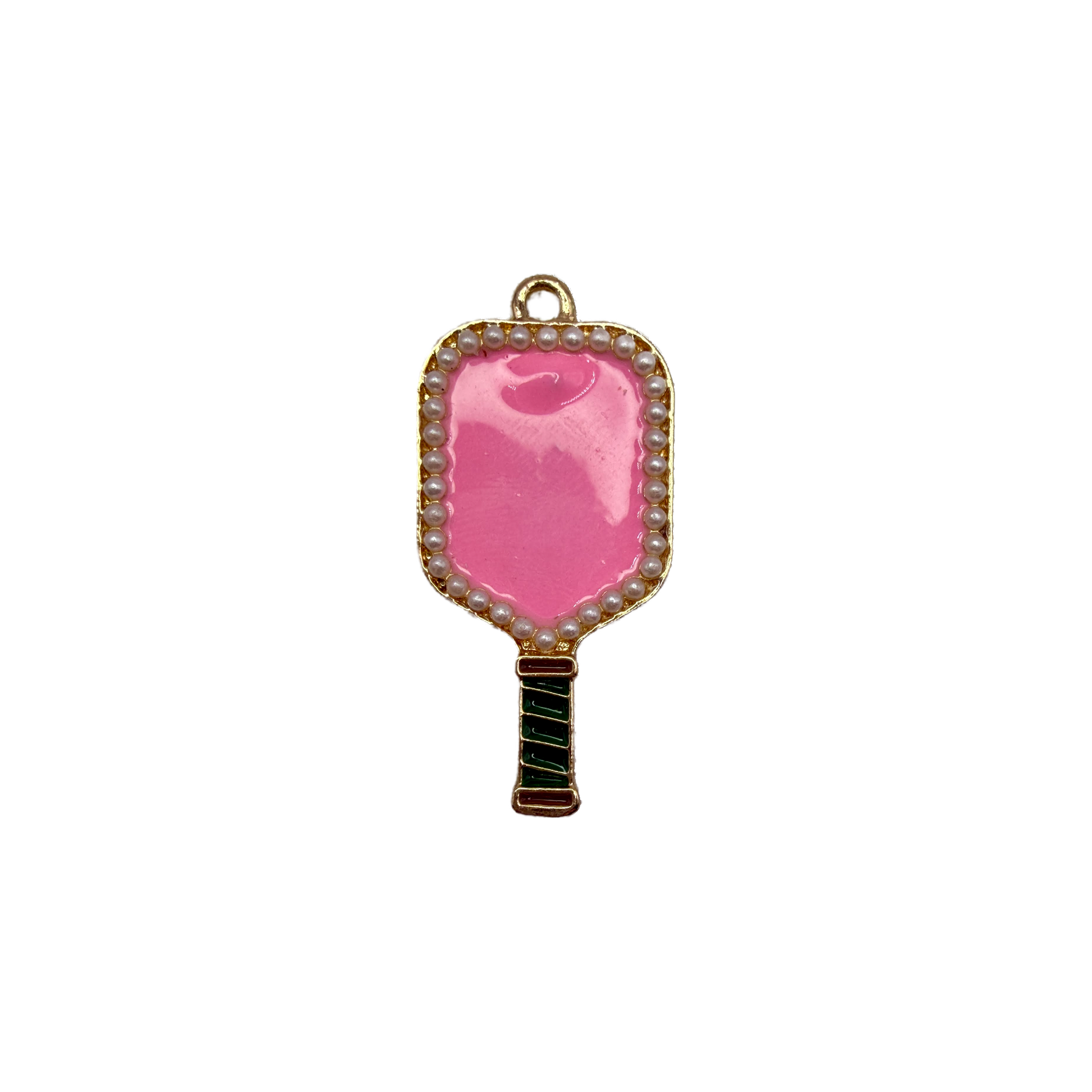 Pink enamel hand mirror with pearl border and green striped handle in gold
