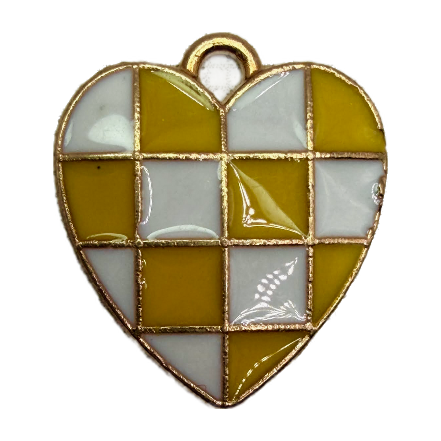 Mustard and white checkerboard heart with glossy enamel and gold outline