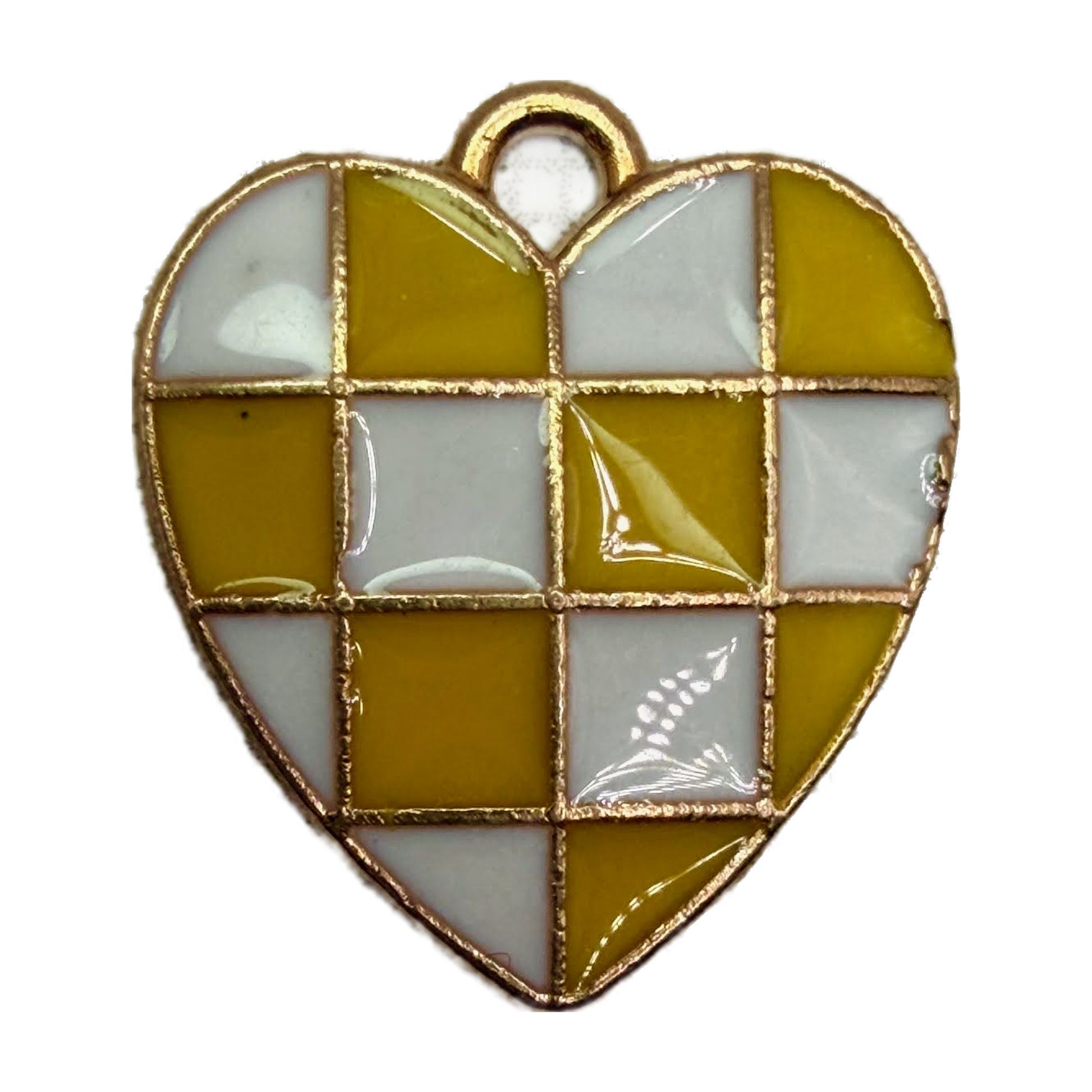 Mustard and white checkerboard heart with glossy enamel and gold outline