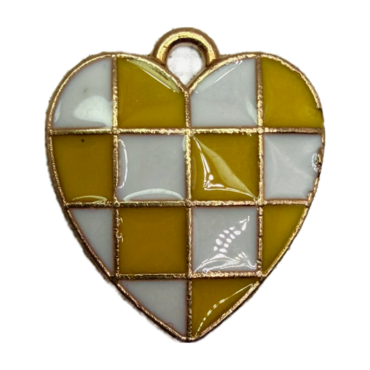 Mustard and white checkerboard heart with glossy enamel and gold outline