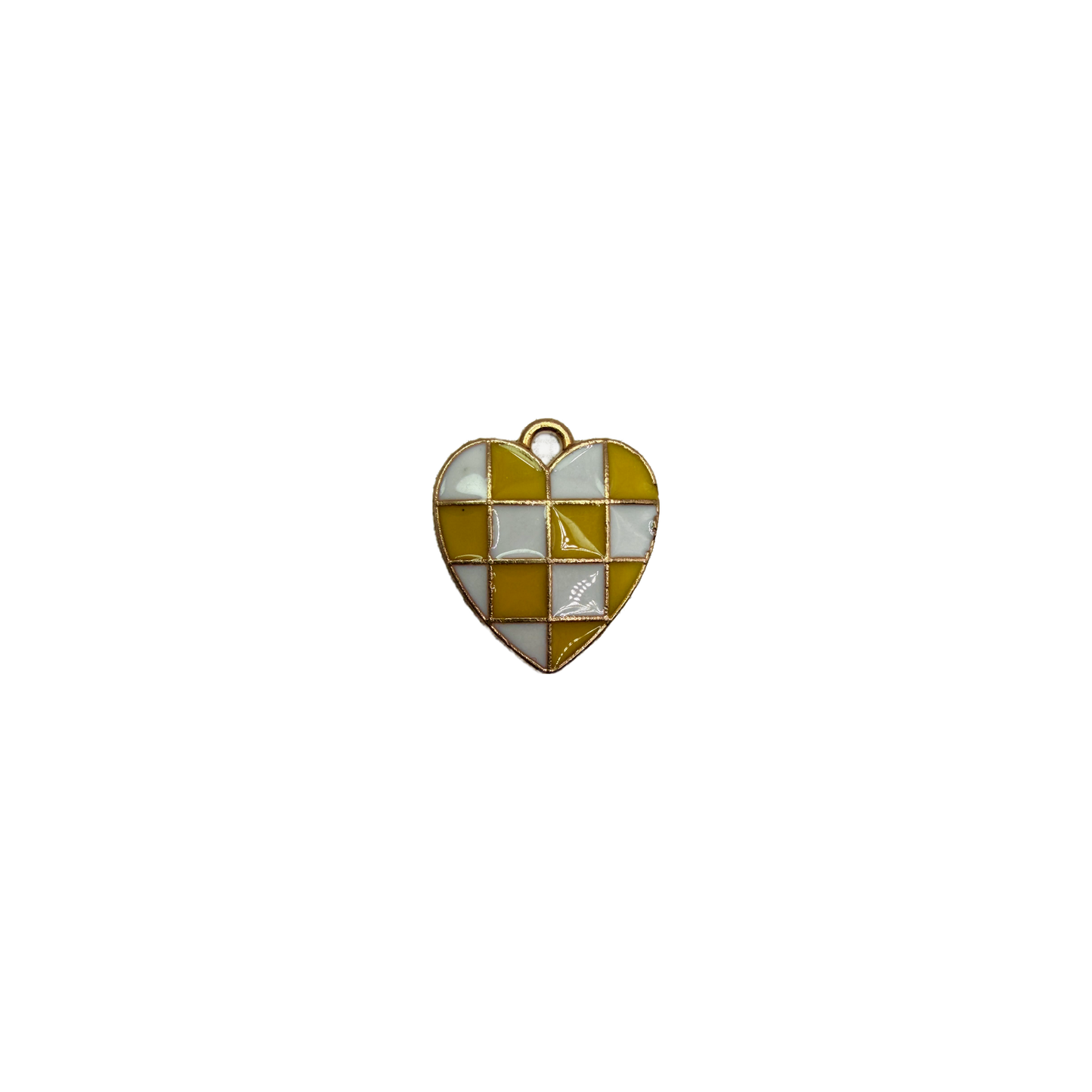 Mustard and white checkerboard enamel heart in gold