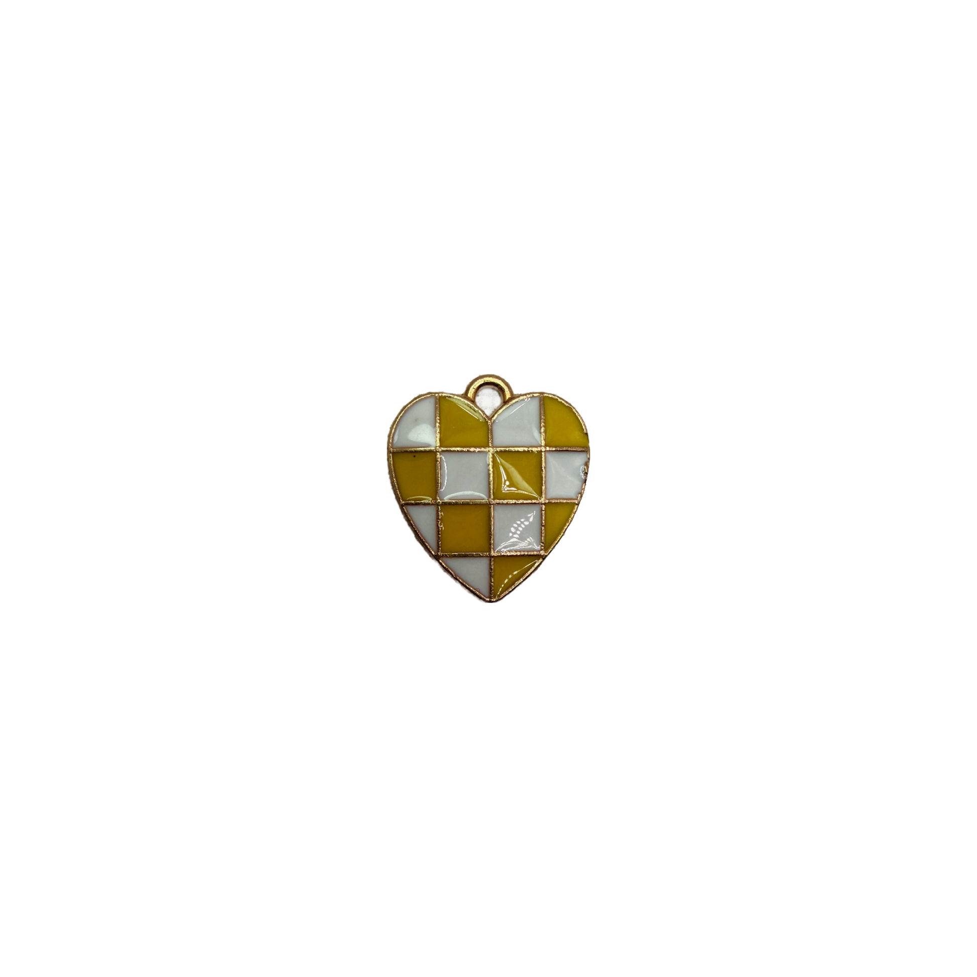 Mustard and white checkerboard enamel heart in gold
