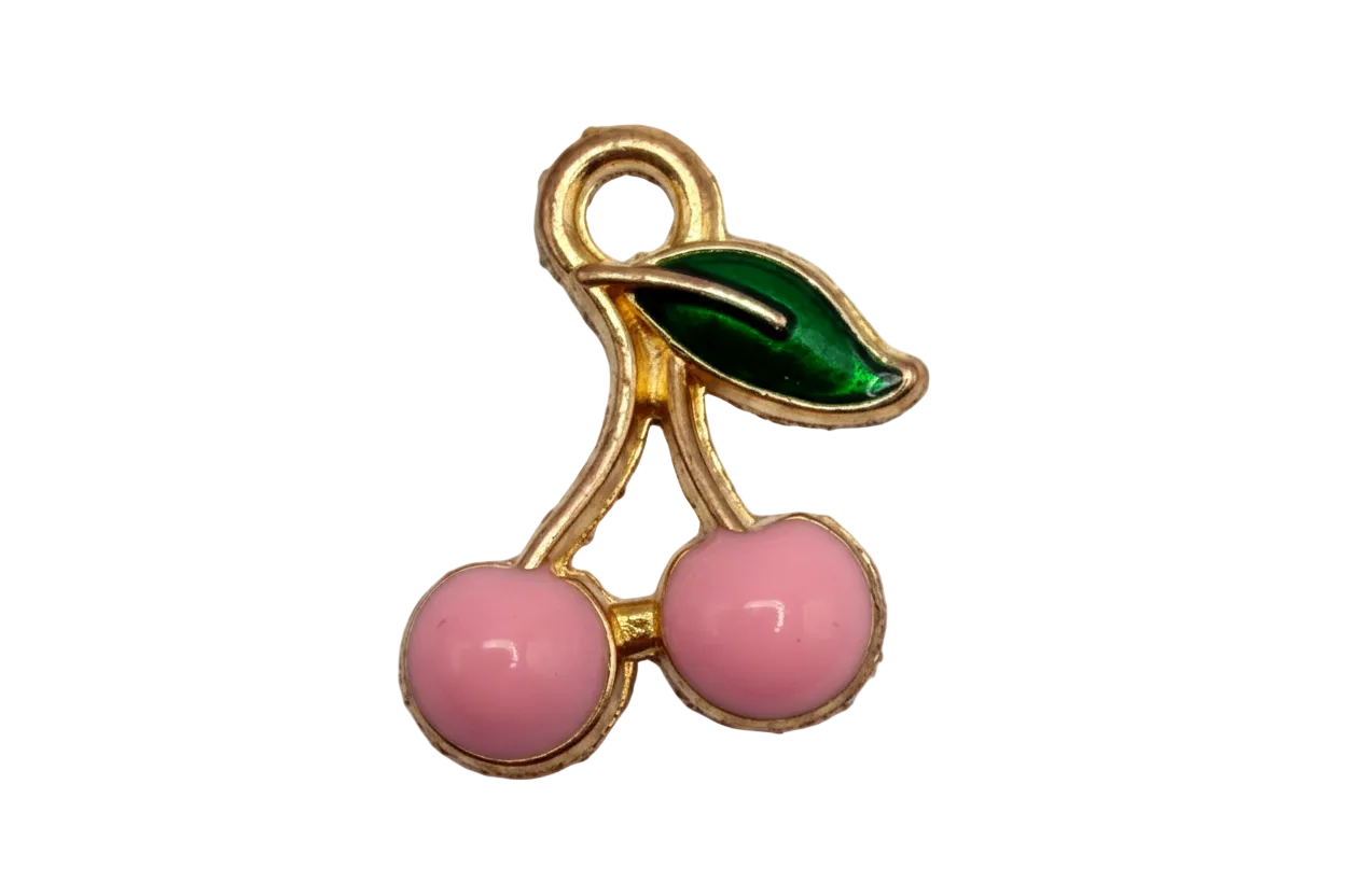 Gold-outlined pink cherry pair with green leaf, glossy enamel finish