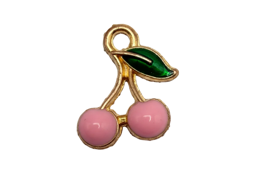 Gold-outlined pink cherry pair with green leaf, glossy enamel finish