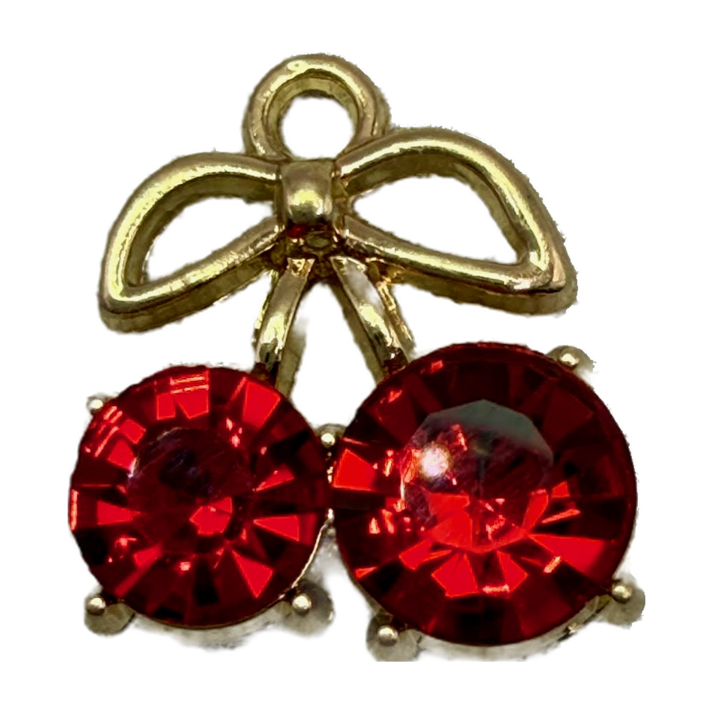 Gold bow-topped cherry motif with two faceted red gems