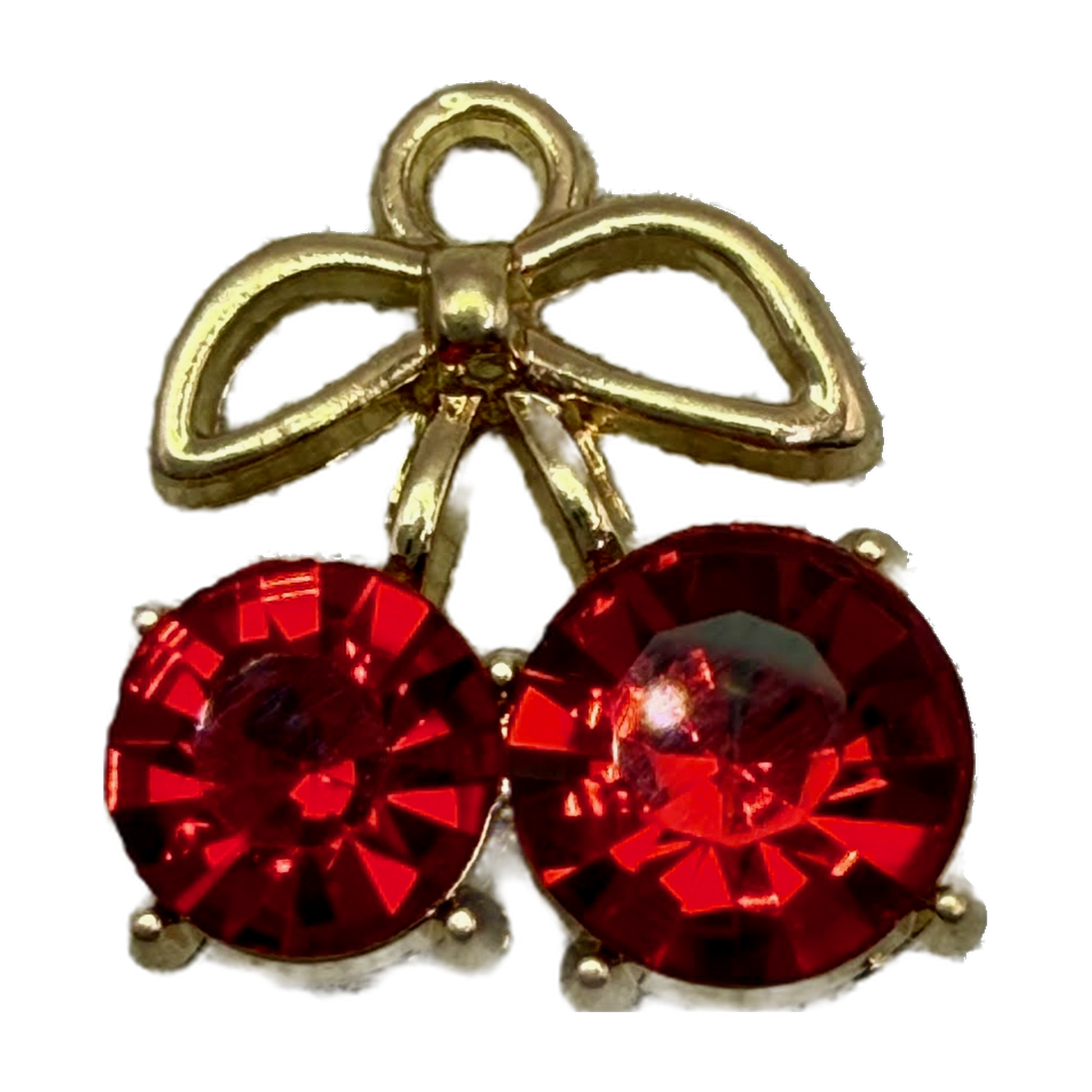Gold bow-topped cherry motif with two faceted red gems