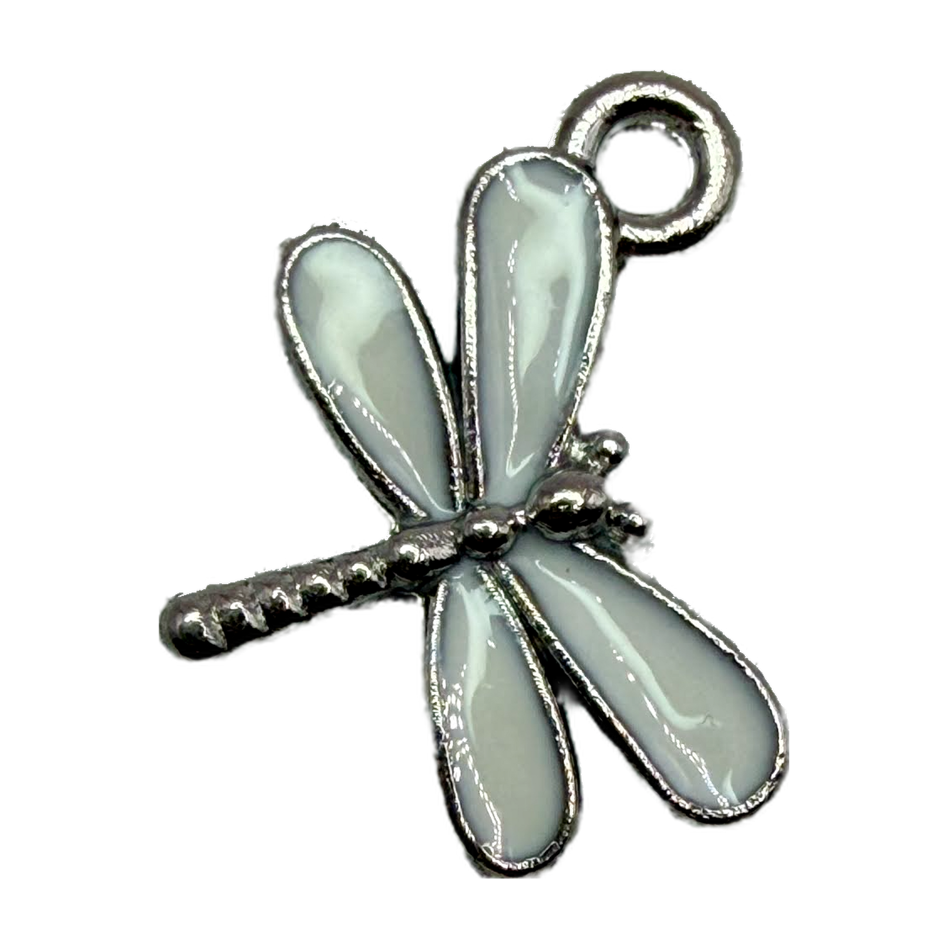 Silver dragonfly charm with glossy pale blue enamel wings